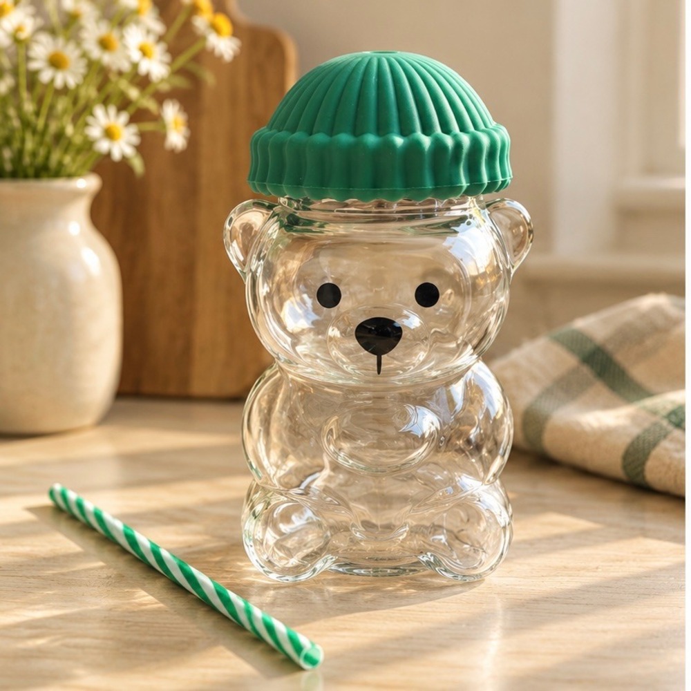 Kawaii Bear Glass Tumbler with Green Beanie Silicone Lid and Striped Straw